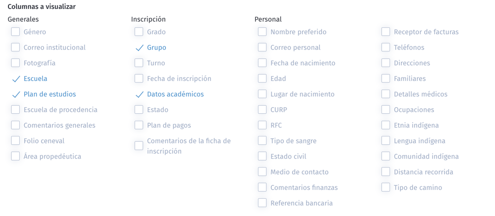 Columnas a visualizar